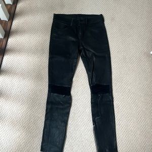 leather pants with denim ripped knees